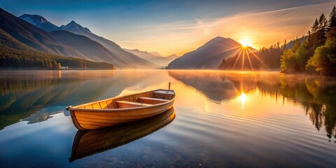 Wall Mural - Morning glory Boat half-closeup on lake during golden hour in mountains, vanishing point perfection, morning, glory