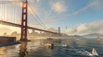 Poster - A view of the Golden Gate Bridge from the water, with boats passing beneath and the city skyline visible in the background