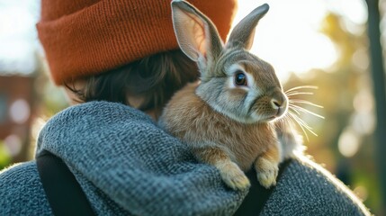 Adorable Fluffy Rabbit Sitting in Grassy Outdoor Garden