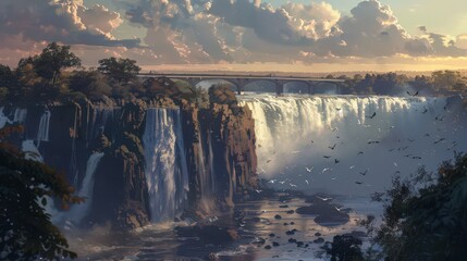 Sticker - A view of the Victoria Falls Bridge spanning the Zambezi River, with the powerful waterfall as a dramatic backdrop