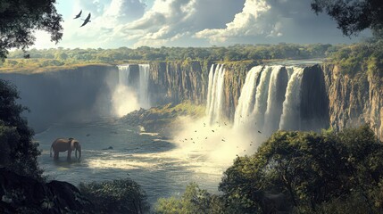 Sticker - A view of Victoria Falls with a foreground of local wildlife, such as elephants, adding context to the majestic waterfall and its surroundings.