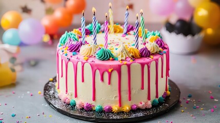 Festive celebration birthday cake with colorful icing and decorative elements for party themes and events.