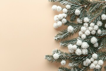 Poster - Snowy Fir Branches on Beige Background