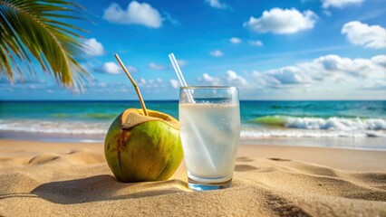 Chilled glass of coconut water on sandy beach, perfect for relaxation and hydration, coconut water, beach, relaxation