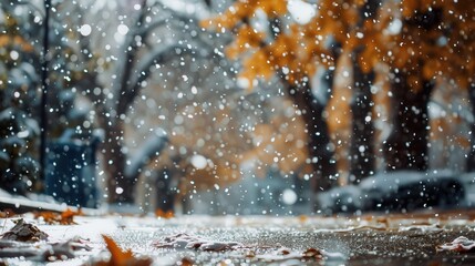 Poster - Capture the transition from a sunny afternoon to a sudden snowfall, with snowflakes beginning to fall gently and accumulating on the ground