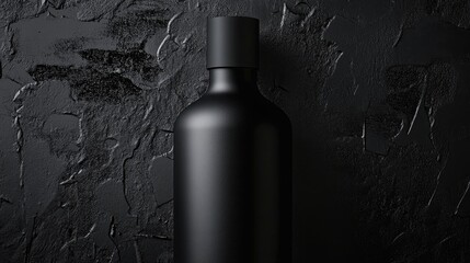 A single, black bottle stands in front of a textured black background.