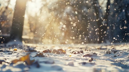 Wall Mural - Capture the transition from a sunny afternoon to a sudden snowfall, with snowflakes beginning to fall gently and accumulating on the ground