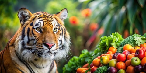 Tiger observing a variety of fresh vegetables in the background, tiger, vegetables, fresh, healthy, zoo, wildlife, nature