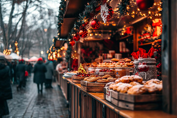 Sticker - Gourmet Food Stalls Offering Homemade Pastries at a Christmas Market  