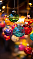 Canvas Print - Handblown Glass Ornaments Sparkling at Christmas Market Stall  