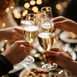 © Javid - Friends toasting with champagne glasses during a Christmas festive celebration, AI generated image Background