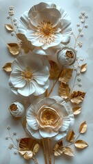 Wall Mural - 3d paper white and gold white flowers with golden leaves, white background