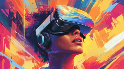 Sticker - A Woman Wearing VR Headset and Headphones Against a Vivid, Abstract Background