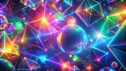 Wall Mural - Abstract light holographic background with colorful geometric shapes and glowing particles, holographic, abstract