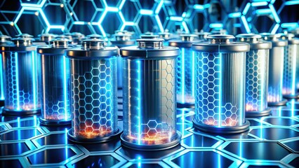 Futuristic graphene batteries in a high-tech lab with energy flux visible, innovation, technology, futuristic