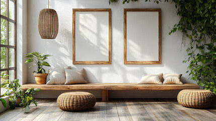 Wall Mural - Mock up frame in home interior background, white room with natural wooden table and decor, 3d render