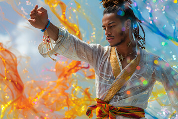 a person with dreadlocks wearing a white robe and a gold belt

