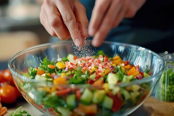 Wall Mural - A person seasoning a fresh salad in a clear bowl, showcasing vibrant vegetables.