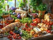 © MIN_NK - A rustic table overflowing with fresh produce, cheese, bread, and olives, bathed in warm sunlight.