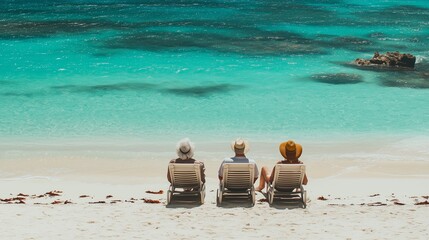 Wall Mural - A serene scene of an elderly couple, back view, relaxing on sun loungers by the water's edge, the pristine white sandy beach and shallow turquoise waters creating a peaceful backdrop