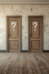 Wall Mural - An empty room with 2 closed doors that are labelled with a question mark icon, the concept of making a decision 