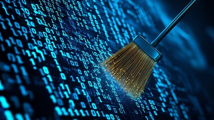A digital broom sweeping through binary code, symbolizing data cleaning and cybersecurity in a modern tech environment.