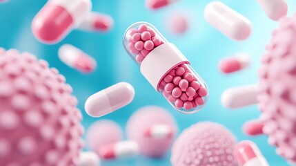 Microscopic view of pink capsules surrounded by bacteria, symbolizing medicine and health in a vibrant composition.