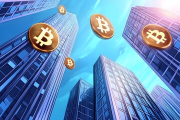 Wall Mural - Illustration of skyscrapers with glowing Bitcoin symbols floating in the sky