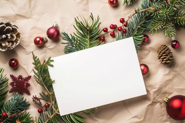 Sticker - Christmas Card Mockup with Festive Decorations and Pine Tree Branches