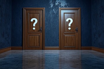 An empty room with 2 closed doors that are labelled with a question mark icon, the concept of making a decision 