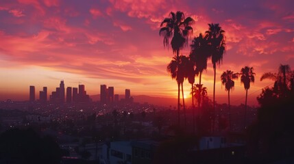 Sticker - Present the Los Angeles skyline during a vibrant sunset, with hues of orange and pink painting the sky