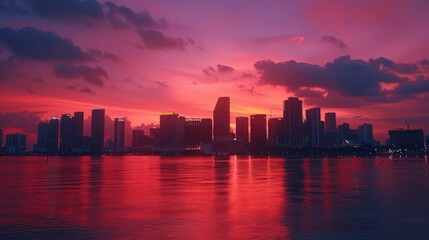 Sticker - Present the Miami skyline during a sunset, with hues of orange and pink casting a warm glow over the city.