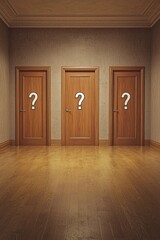 Wall Mural - An empty room with 3 closed doors that are labelled with a question mark icon, the concept of making a decision 