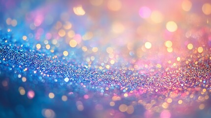 A close-up shot of an abstract colorful sparkle background, with dazzling hues of blue, pink, and gold, radiating a soft glow