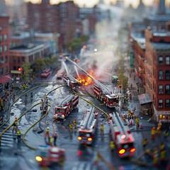 Wall Mural - Fire trucks and firefighters extinguishing a fire in the city. AI generated image