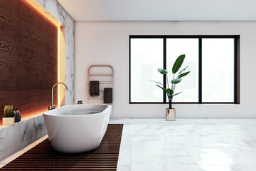 Wall Mural - Side view of modern bright bathroom interior. Hotel interiors concept. 3D Rendering.