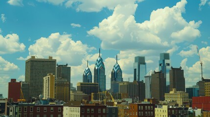 Sticker - Present the Philadelphia skyline with a focus on the city's blend of colonial and modern architecture.