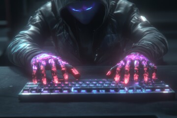 Canvas Print - The image shows a hacker in the hood typing text on a computer in a dark room. It has a glitch effect.