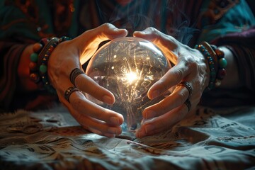 Wall Mural - hands of a fortune teller working with a shining crystal ball