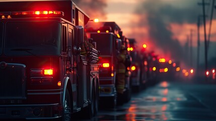 Wall Mural - Fire trucks lined up in preparation for a mission. AI generated image