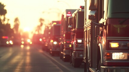 Fire trucks lined up in preparation for a mission. AI generated image