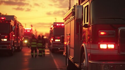 Wall Mural - Fire trucks lined up in preparation for a mission. AI generated image