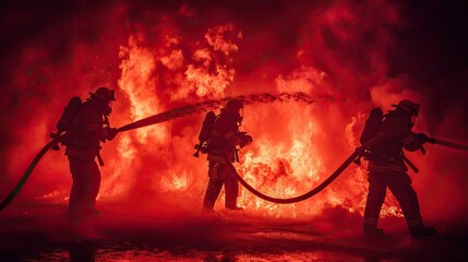 Wall Mural - Firefighters battling intense flames with hoses. AI generated image