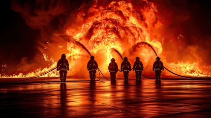 Wall Mural - Firefighters battling intense flames with hoses. AI generated image