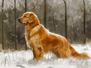 Wall Mural - A painting of a golden retriever standing in the snow. The dog is looking to the right