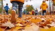 © Nat - A child walks through colorful autumn leaves, capturing the essence of fall in a vibrant playground scene.