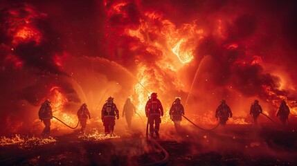 Wall Mural - Firefighters battling intense flames with hoses. AI generated image