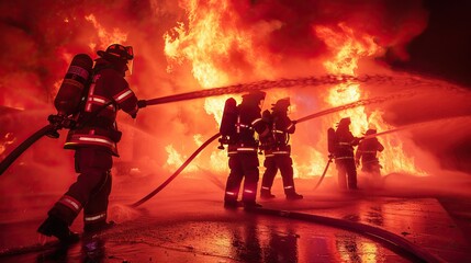 Wall Mural - Firefighters battling intense flames with hoses. AI generated image