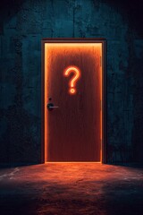 An isolated closed door with a question mark icon glowing on the door, in an empty room 