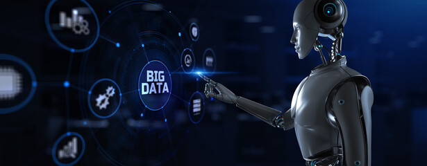 Wall Mural - big data analysis technology concept. robot pressing button on screen 3d render.
